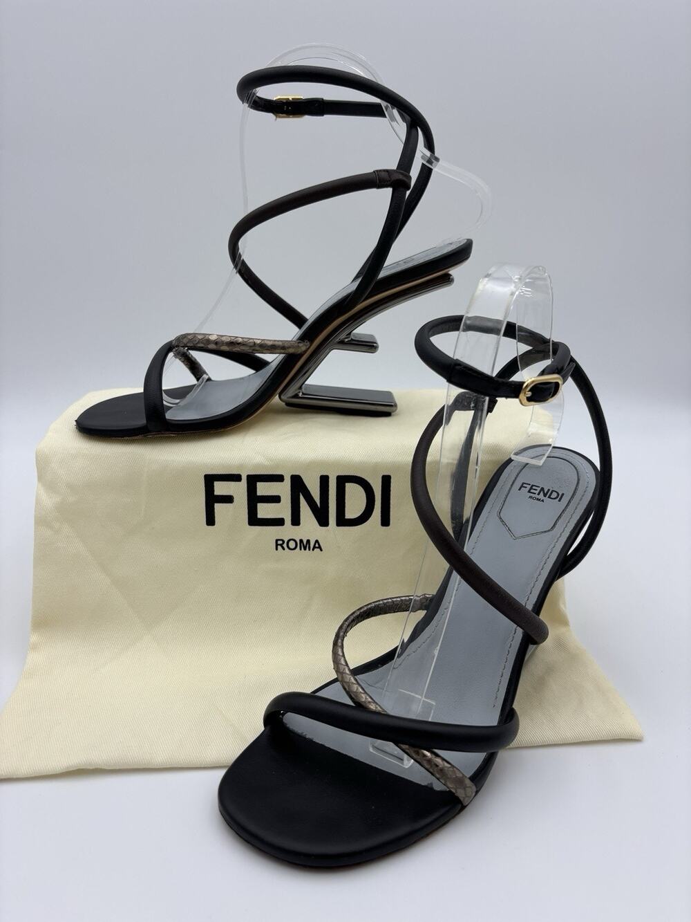 Authentic Fendi Leather Sandals F Heel Black Metallic Gold Bronze Size 37.5 /7.5